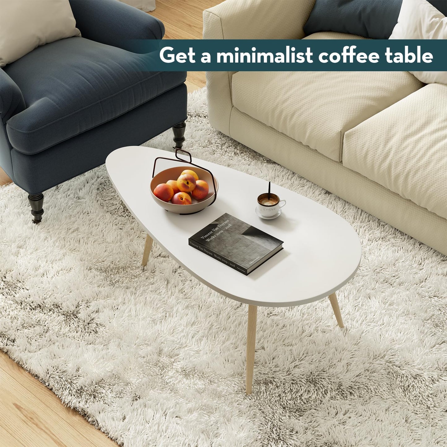 SAYGOER Modern Coffee Table White Oval Coffee Tables for Living Room Simple Center Table for Small Space Home Office Easy Assembly 22.2" D x 42.5" W x 17.1" H, White