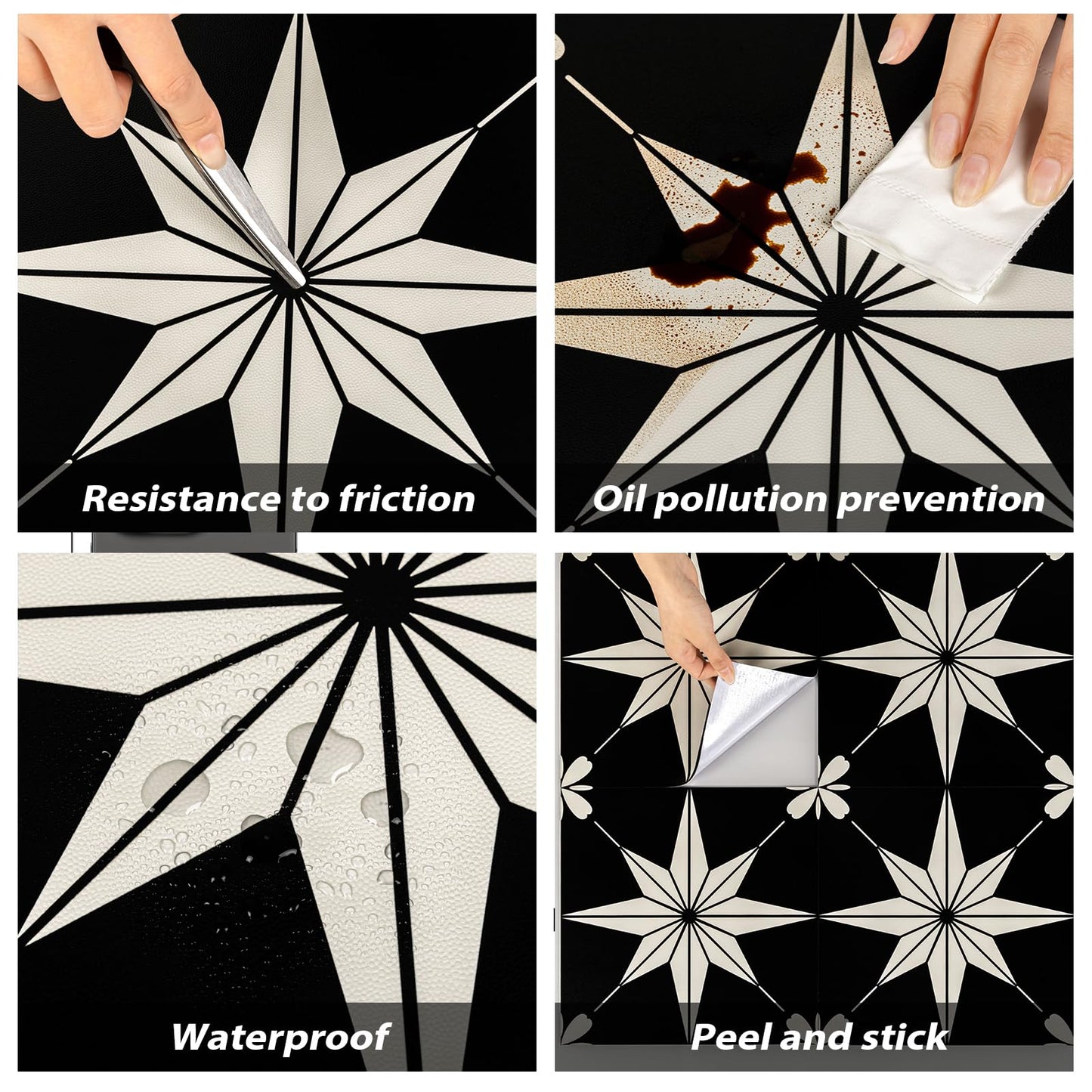 RomDeco Peel and Stick Floor Tile Waterproof, 11.81 in *11.81 in Vinyl Flooring Black, 10 Pcs Peel and Stick Flooring for Bathroom, Kitchen and Bedroom, Easy to Install Self-Adhesive