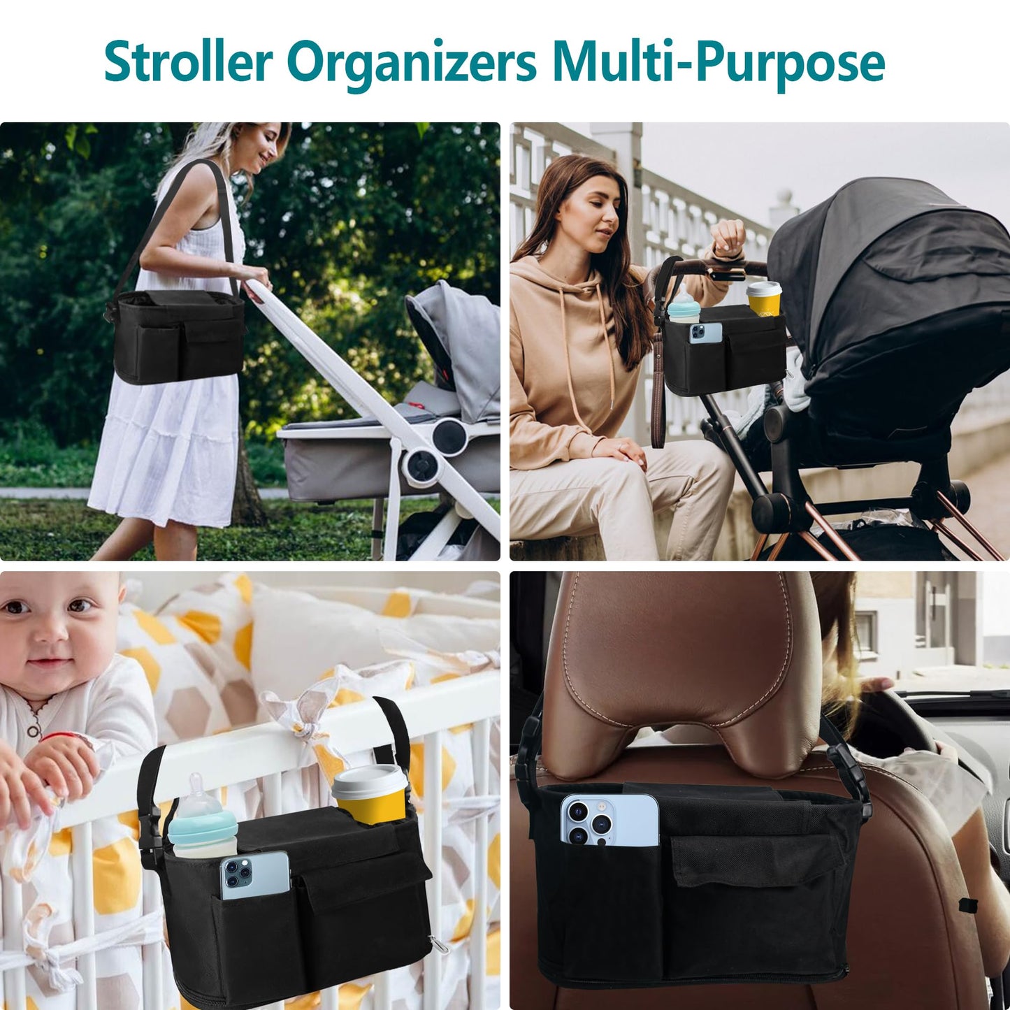 Rasfalo Universal Stroller Caddy Expandable Organizers & Detachable Shoulder Strap, Stroller Organizer With Cup Holder Fits for Stroller Like Uppababy, Baby Jogger, BOB, Doona, Britax