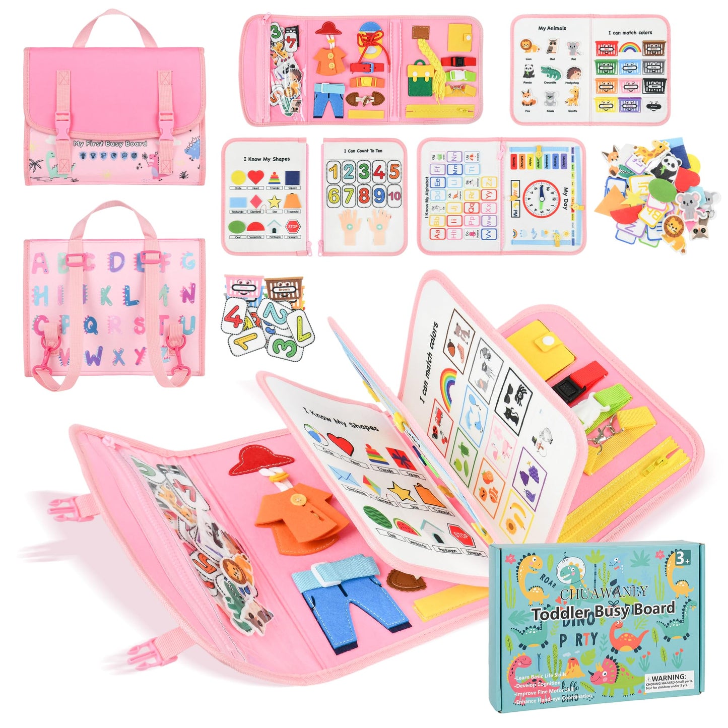 CHUAWANLY Busy Board Montessori Toys for Toddler,Busy Book - Sensory Preschool Learning Activities Educational Toys with Fine Motor Skills,Gift for Boys Girls,Travel Essentials for Plane Car (Pink)