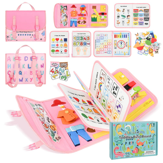 CHUAWANLY Busy Board Montessori Toys for Toddler,Busy Book - Sensory Preschool Learning Activities Educational Toys with Fine Motor Skills,Gift for Boys Girls,Travel Essentials for Plane Car (Pink)