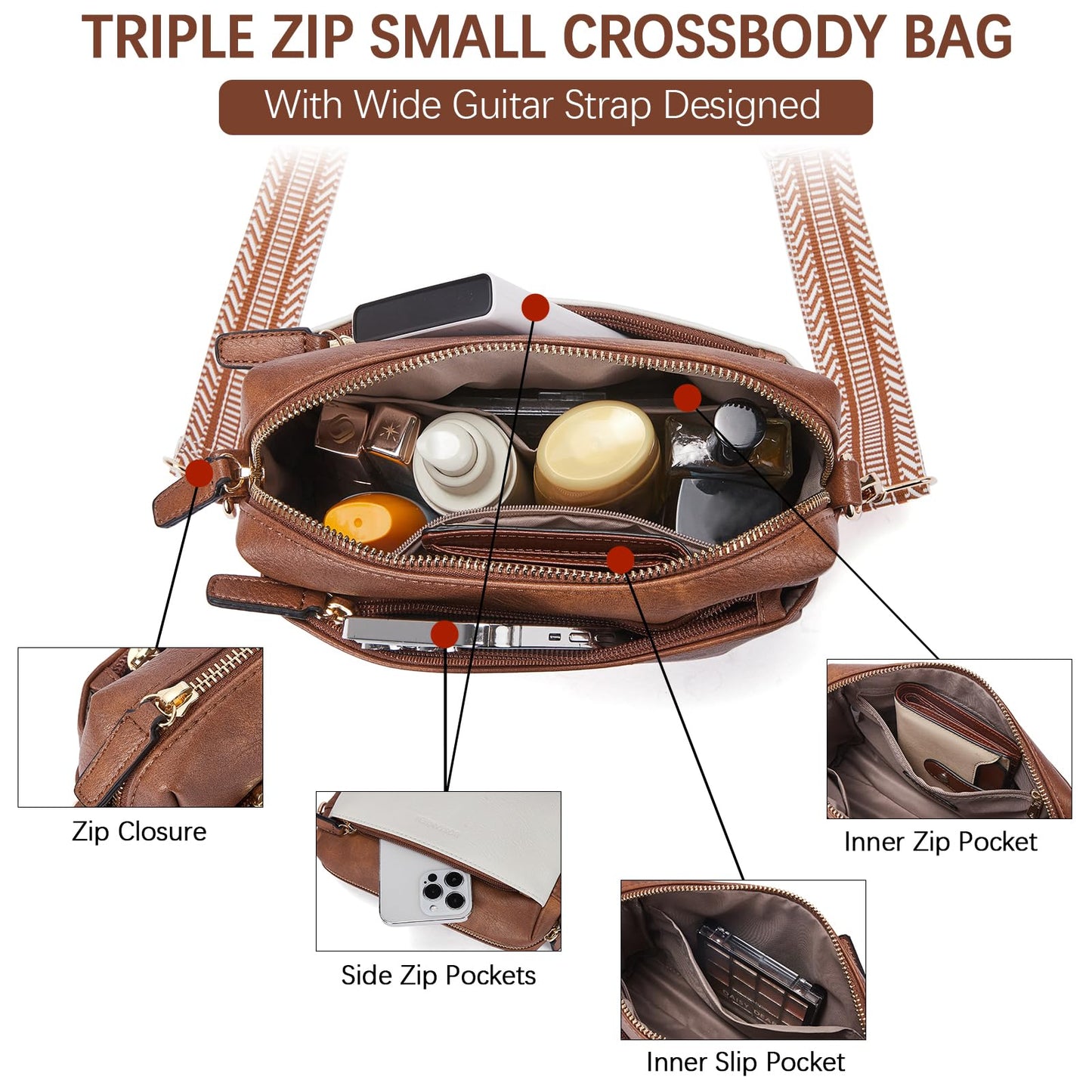 BOSTANTEN Small Crossbody Purse for Women Triple Zip Cell Phone Leather Shoulder Handbag with Wide Guitar Strap Beige with Brown