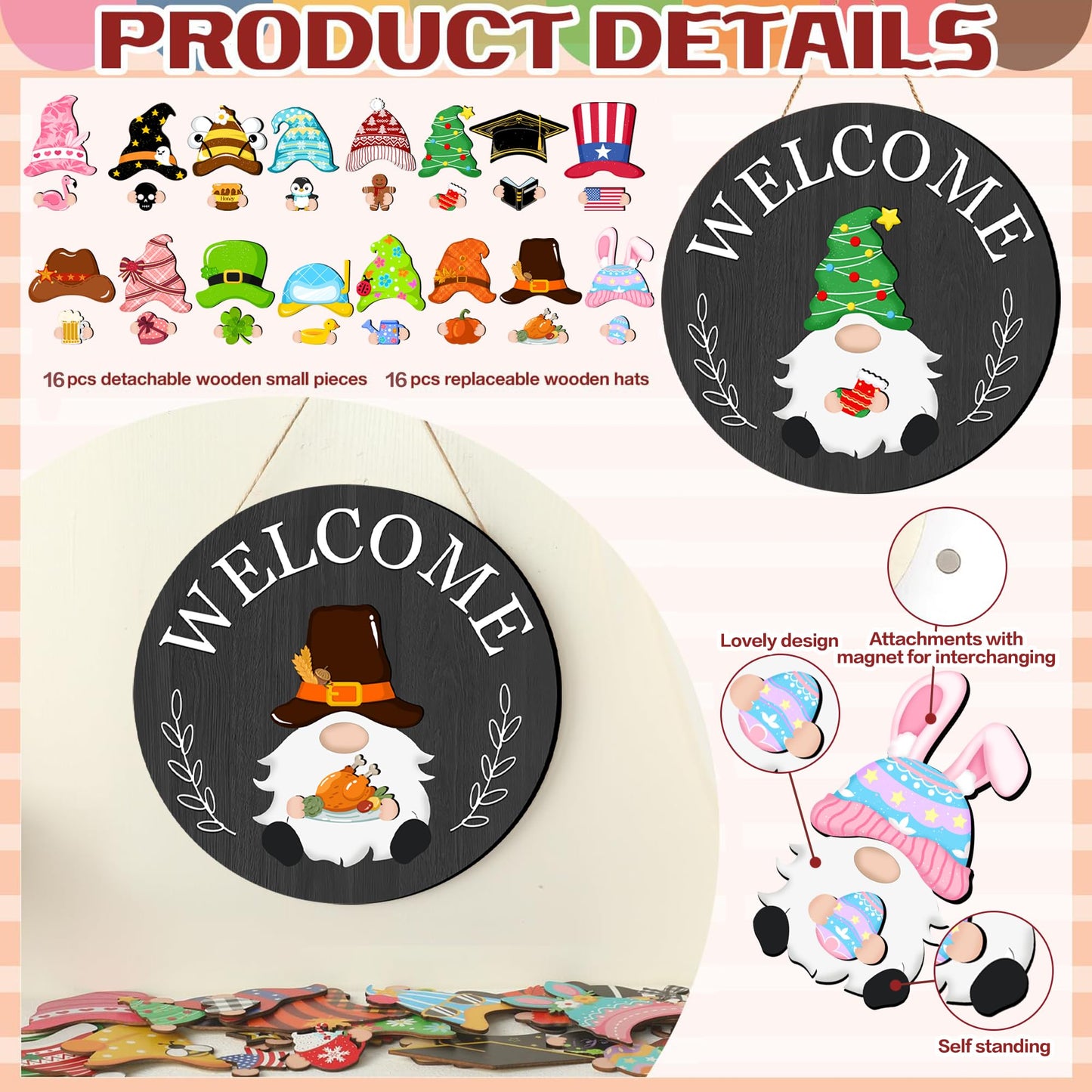 Veluckin Seasonal Gnome Wall Decor Set, 11.8 inch Wooden Round Sign with Interchangeable Holiday Hats, Welcome Door Hanging (Black grey-3)