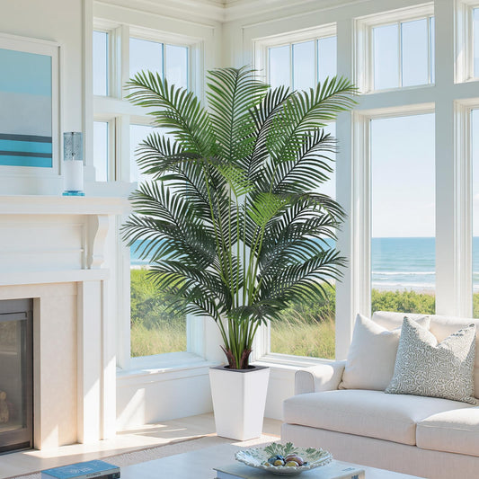 Artificial Palm Tree with White Tall Planter, 7ft Tall Potted Artificial Silk Palm Tree Plant, Fake Tropical Plant, Home Office Floor Room Decor Plants Indoor Outdoor, Housewarming Gift
