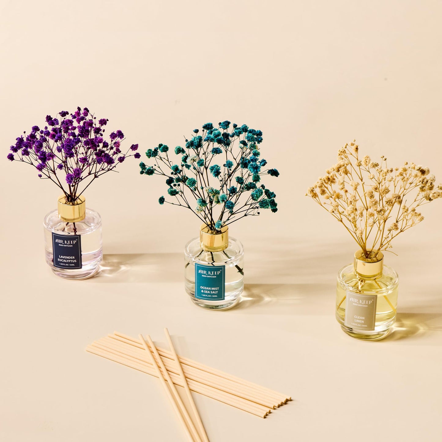 Airkeep Reed Diffuser Set of 3,Clean Linen Ocean Mist&Sea Salt Lavender Eucalyptus Oil Reed Diffusers for Bedroom Living Room Office Aromatherapy Oil Reed Diffuser for Gift 50ml x 3