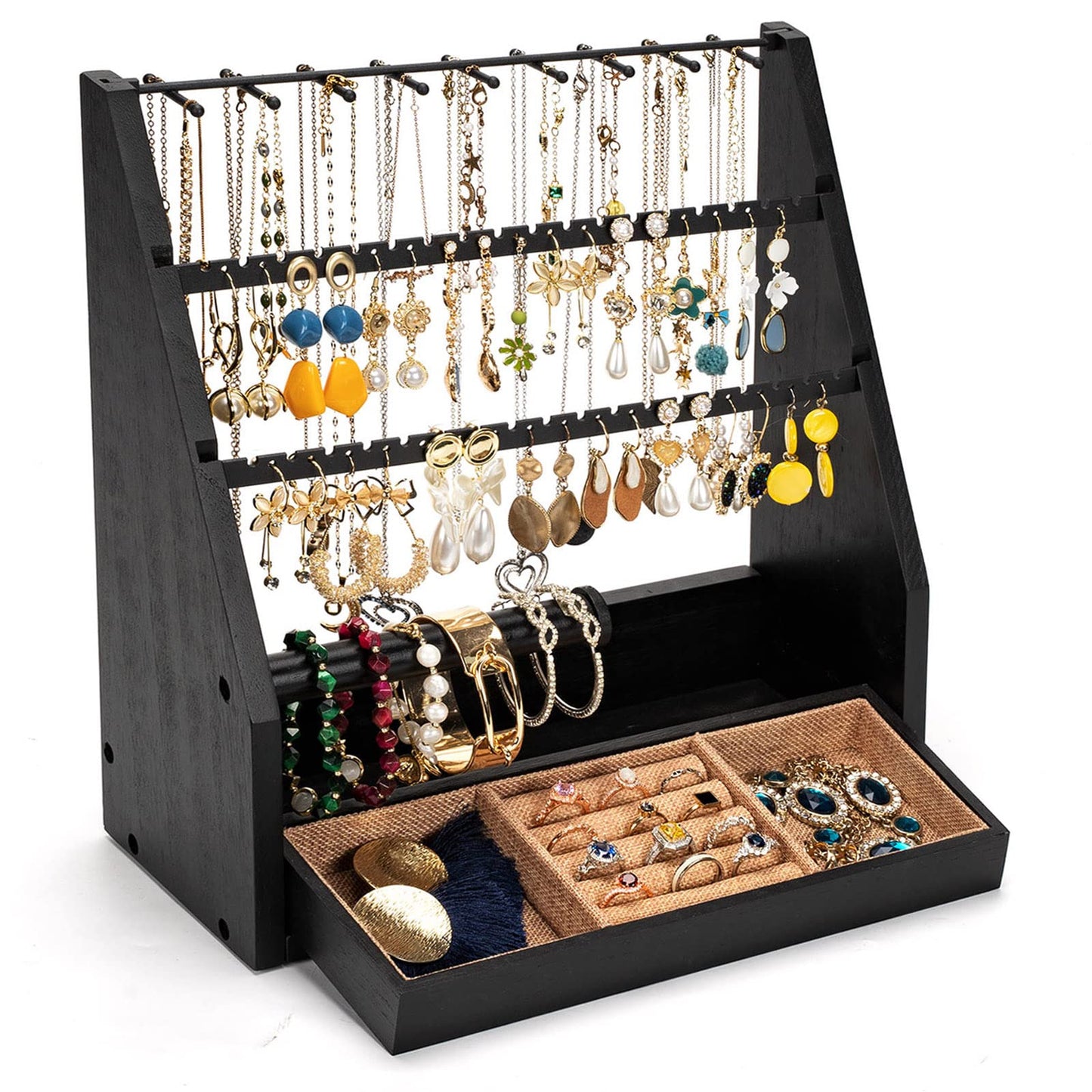 DGWJSU Earring Organizer, 5 Layer Earring Holder Organizer with Necklace Holder, Rustic Wood Jewelry Organizer Stand Display for Stud Earring Bracelet Necklace Ring, Watches