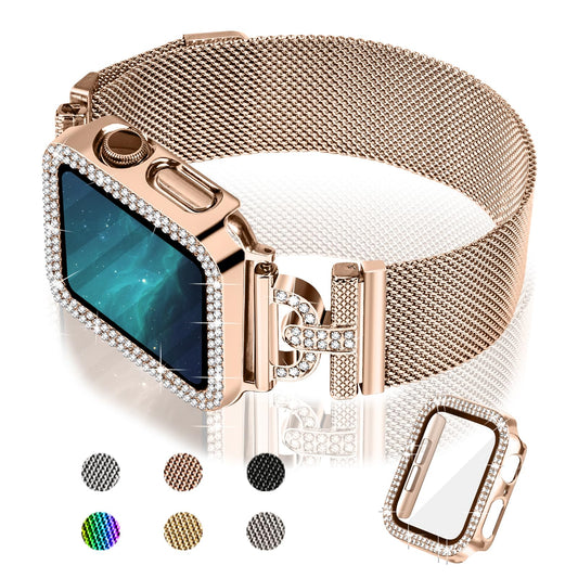 Joyozy Magnetic Band Compatible with Apple Watch Band 38mm 40mm 41mm 42mm 44mm 45mm 46mm Milanese Strap with Bling Case and Screen Protector, Dressy Stainless Steel iWatch Loop for Women (Rose Gold 40mm)