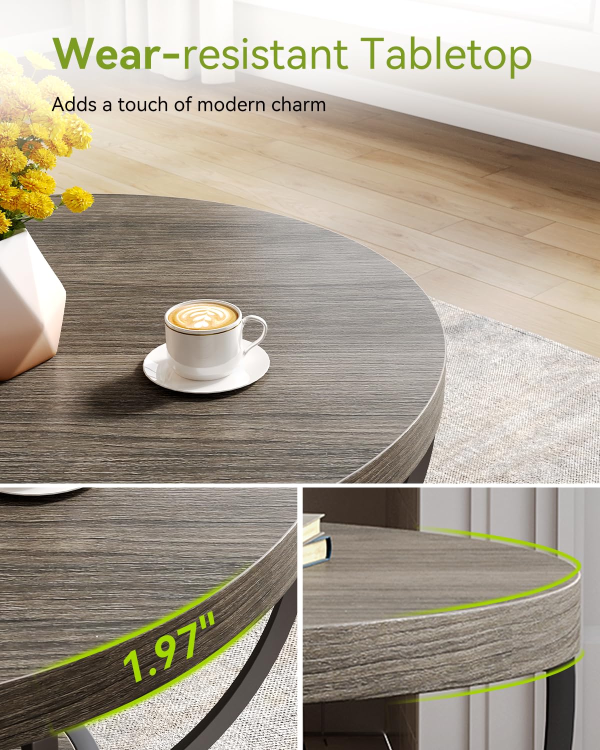 LITTLE TREE Round Coffee Table, 32" Circle Coffee Table for Living Room, 2-Tier Wood Accent Center Table with Open Storage Industrial Design Home Furniture (Grey and Black)