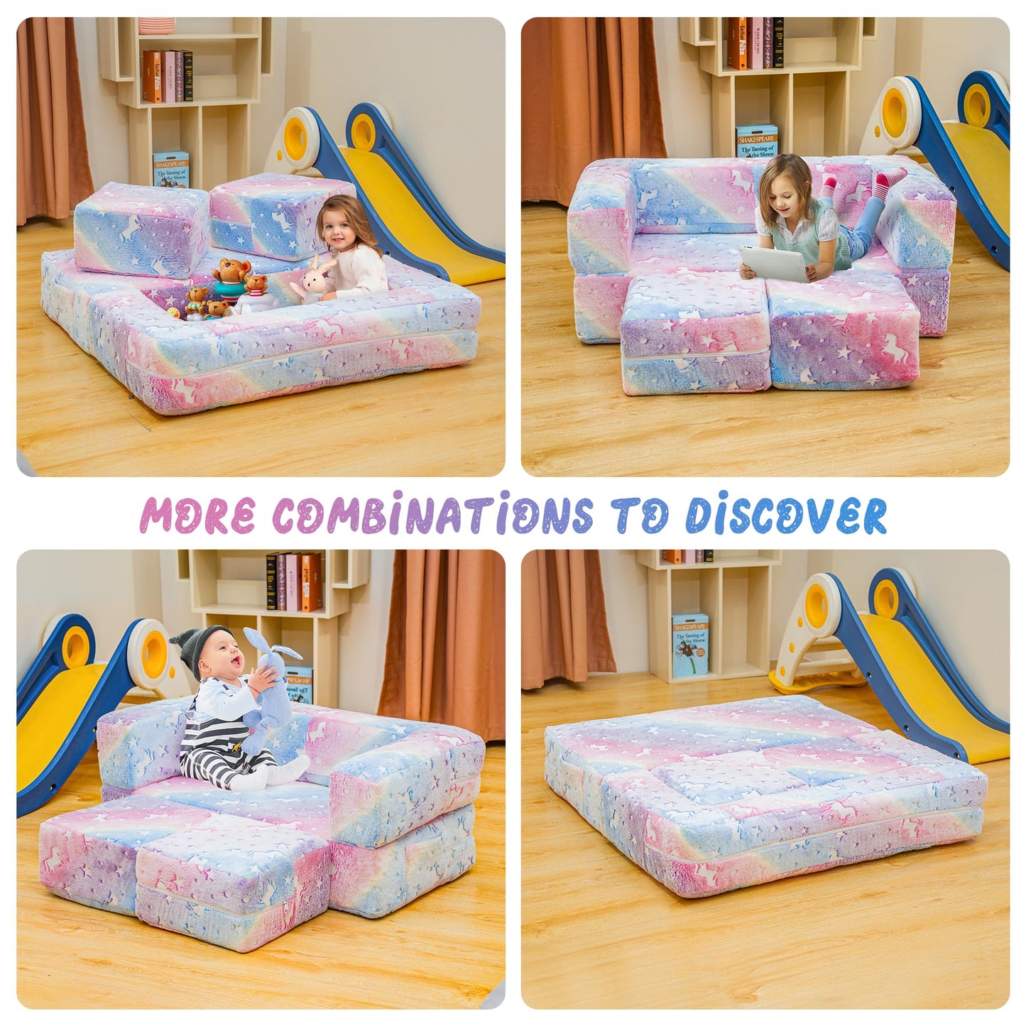 furlinkhm Modular Kids Play Couch, Glow in The Dark Kids Play Couch Toddler Couch,Kids Couch for palyroom, Convertible Baby Fold Out Play Foam and Floor Cushion for Bedroom (Rainbow+Unicorn)