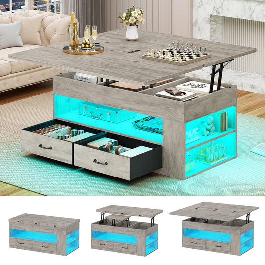 Itaar Lift Top Coffee Table, 4 in 1 Coffee Tables with Storage and Hidden Compartment, Farmhouse Coffee Table with 2 Fabric Drawers & LED Light for Living Room, Grey Oak