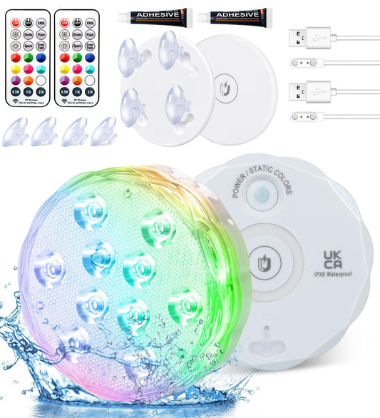 Qoolife Rechargeable Submersible Pool Lights with Remote, Waterproof Underwater Charging Battery Operated Controlled 25 Color Changing LED with Magnet Floating Lights Pool Pond Decoration (2 Pack)