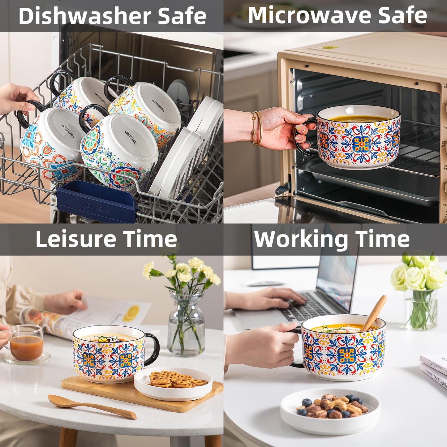 Chubacoo Soup Bowl & Sandwich Plate Combo: 38 oz Ceramic Ramen Bowl Microwave Safe - Extra Large, Big Handle, Ideal for Cereal, Salad, Pasta, Solo Dining, Breakfast, Afternoon Tea - Design C