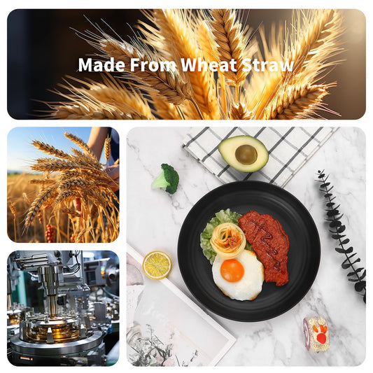 Lazycorner 48-Pcs Kitchen Wheat Straw Dinnerware Set, Service for 8, Plastic Reuasble Dinner Dishes Serving Plate Set for Kitchen, Including Dinner Plate, Dessert Plates, Bowl, Cup(Black)