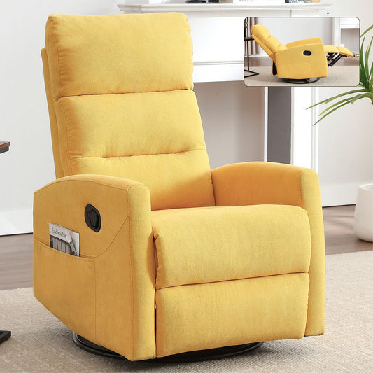 360° Swivel Recliner Chair for Adults, Upholstered Glider Rocking Chair Nursery with Adjustable Backrest & Footrest, Small Recliners for Small Spaces Living Room Bedroom (Yellow)