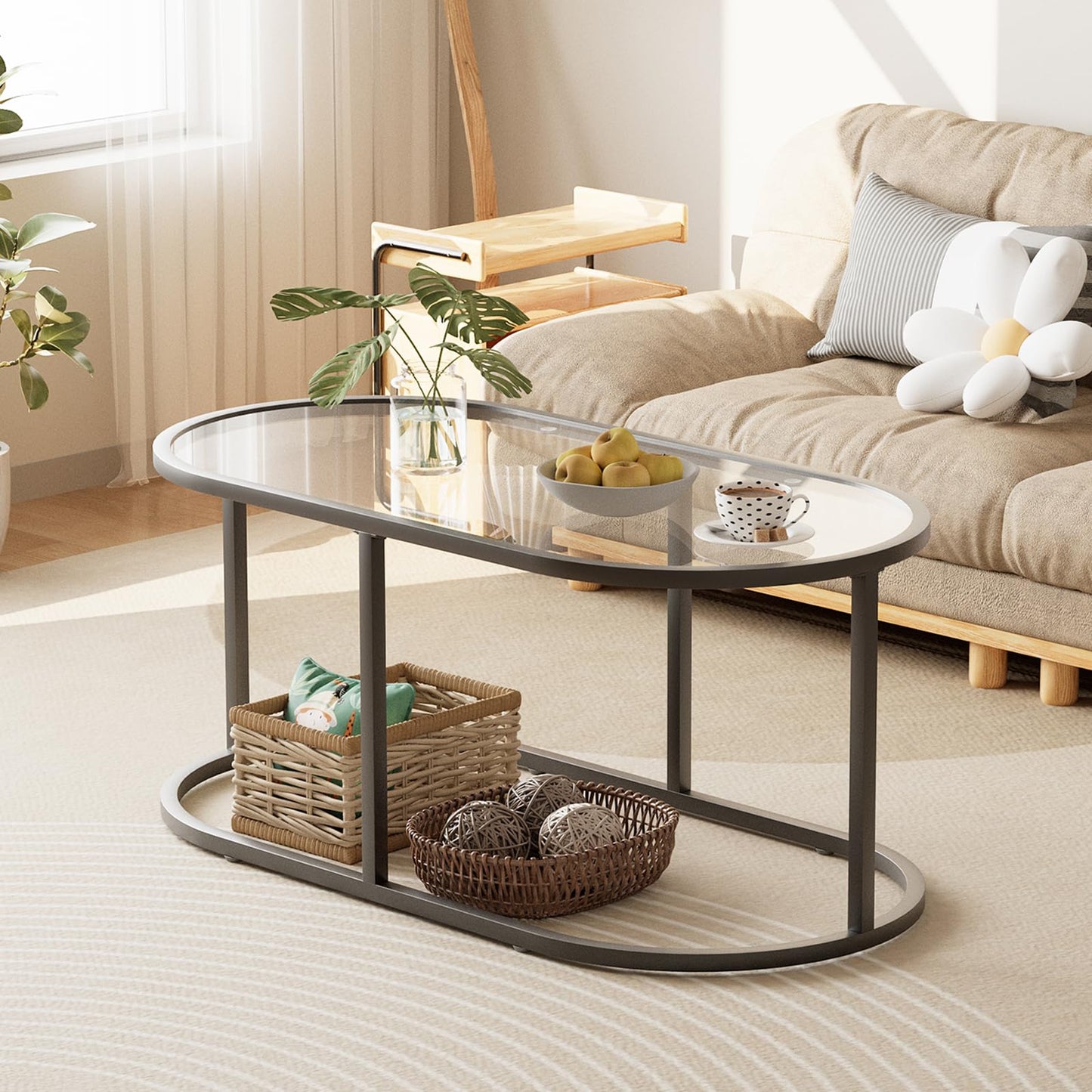 Wolawu Coffee Table Black Glass Coffee Tables for Living Room, Oval Table Center Table with Sturdy Metal Frame,Modern Tempered Glass Accent Tables for Bedroom Home Office