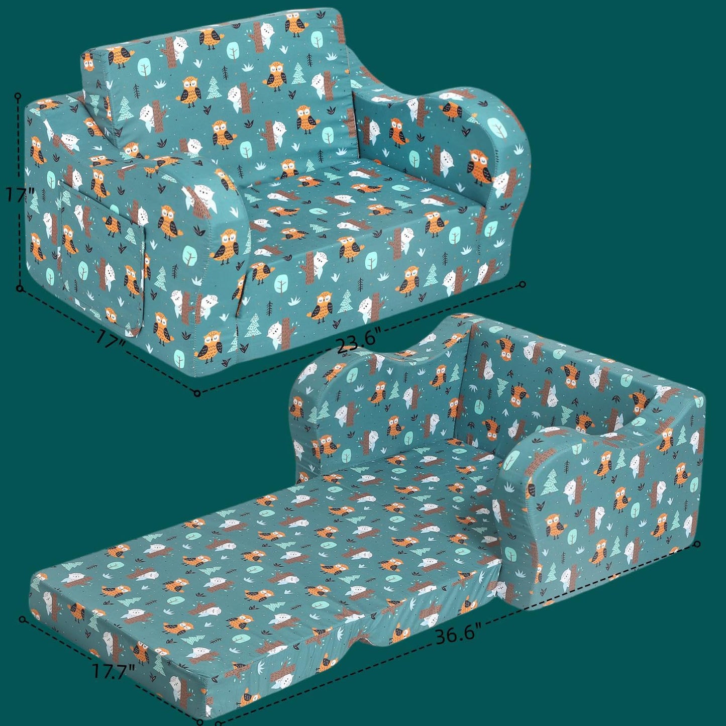 MOMCAYWEX Happy Owl Kids Sofa, 2-in-1 Kids Couch Fold Out, Convertible Sofa to Bed for Girls and Boys