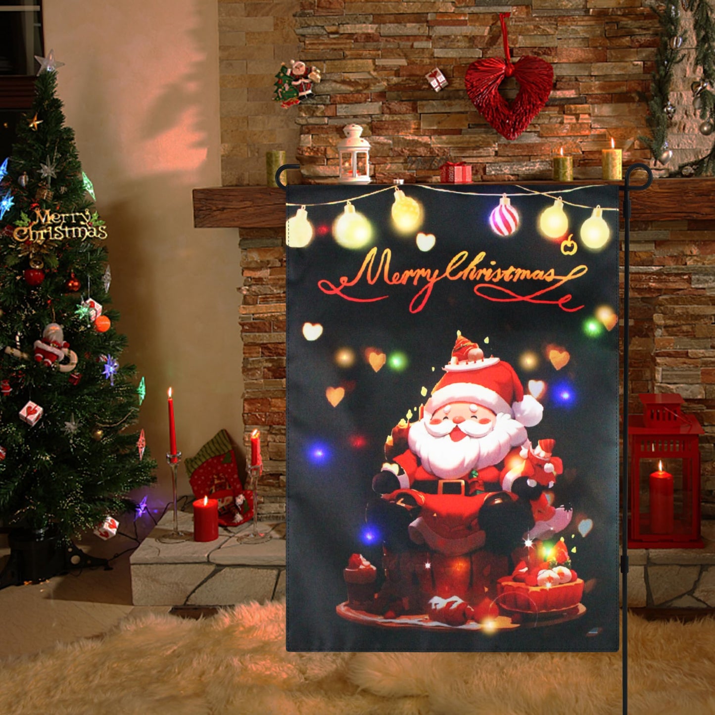 RedFinches Lighted Christmas Garden Flag, Christmas Garden Flag, 12×18 inch Led Christmas Yard Flag, Double Sided Christmas Santa Claus Garden Flag for Outside Yard Garden Lawn Decoration