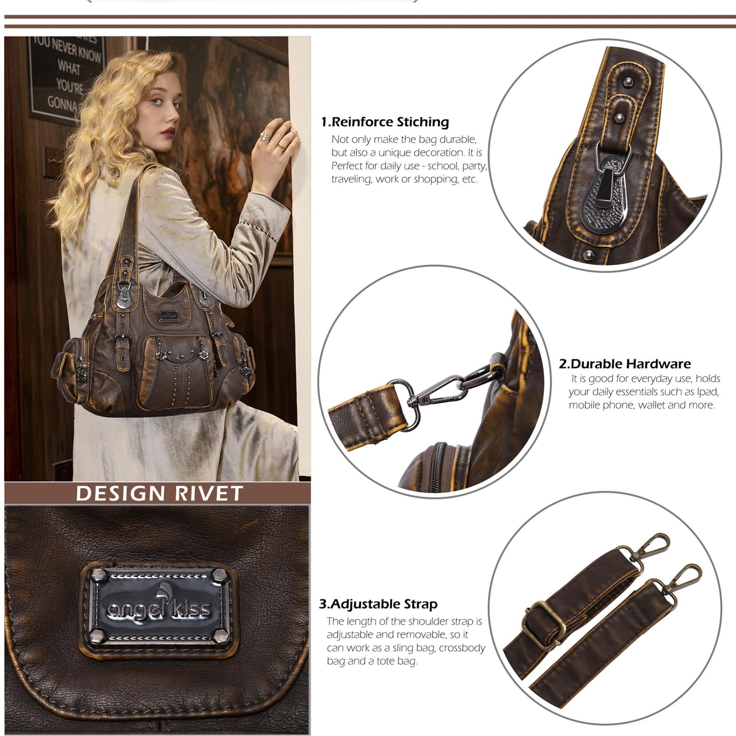 Angel Kiss Hobo Bags for Women Soft PU Leather Handbags Large Purse Shoulder Bag brown