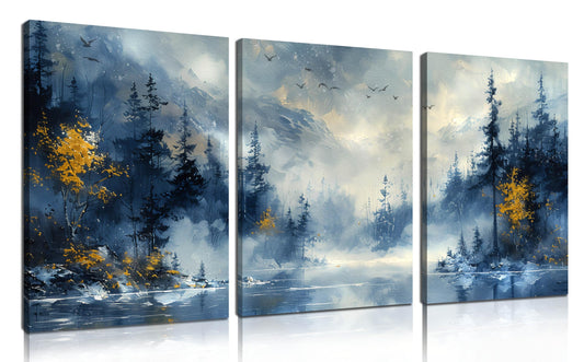 SIXTTART Forest Pictures Wall Art for Office - Modern Blue Canvas Art Wall Decor for Living Room - 3 Piece Wall Art for Bedroom Size 12" x 16"