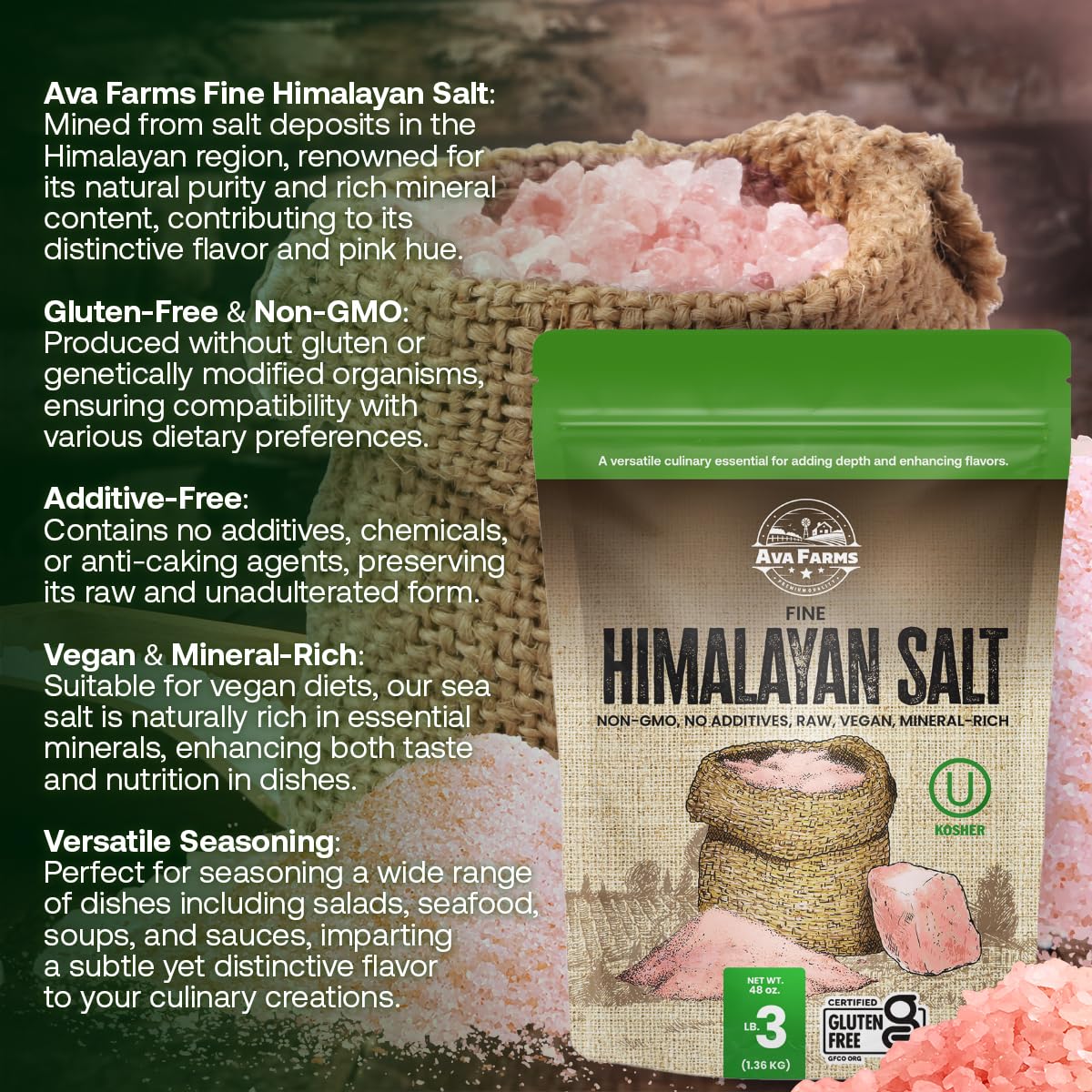 Ava Farms Himalayan Pink Salt - Fine – 3 Lb. - Gluten-Free, Non-GMO, Vegan, Raw, Kosher, Mineral Rich – Resealable Bag