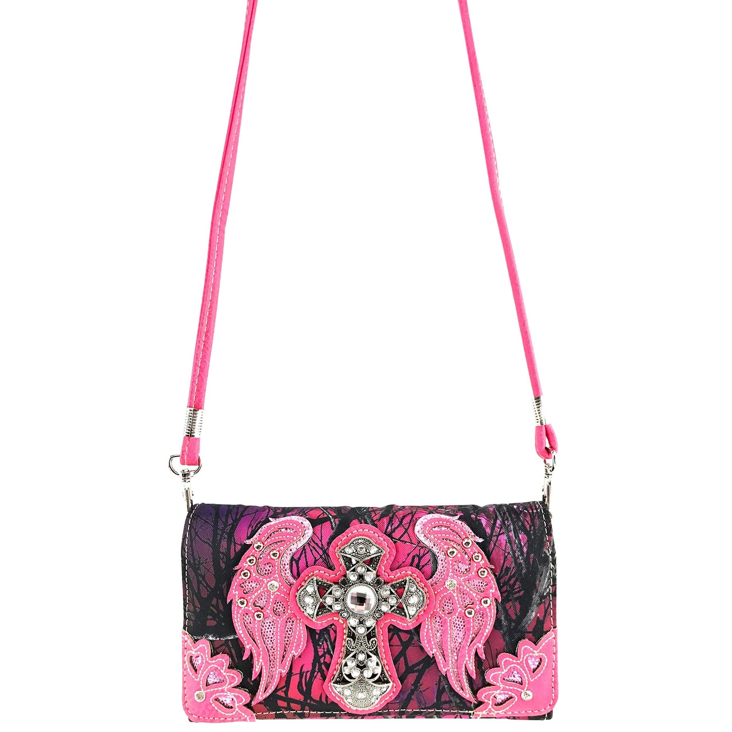 Zelris Camouflage Shine Glow Cross Wings Women Conceal Carry Handbag with Wallet (Hot Pink)