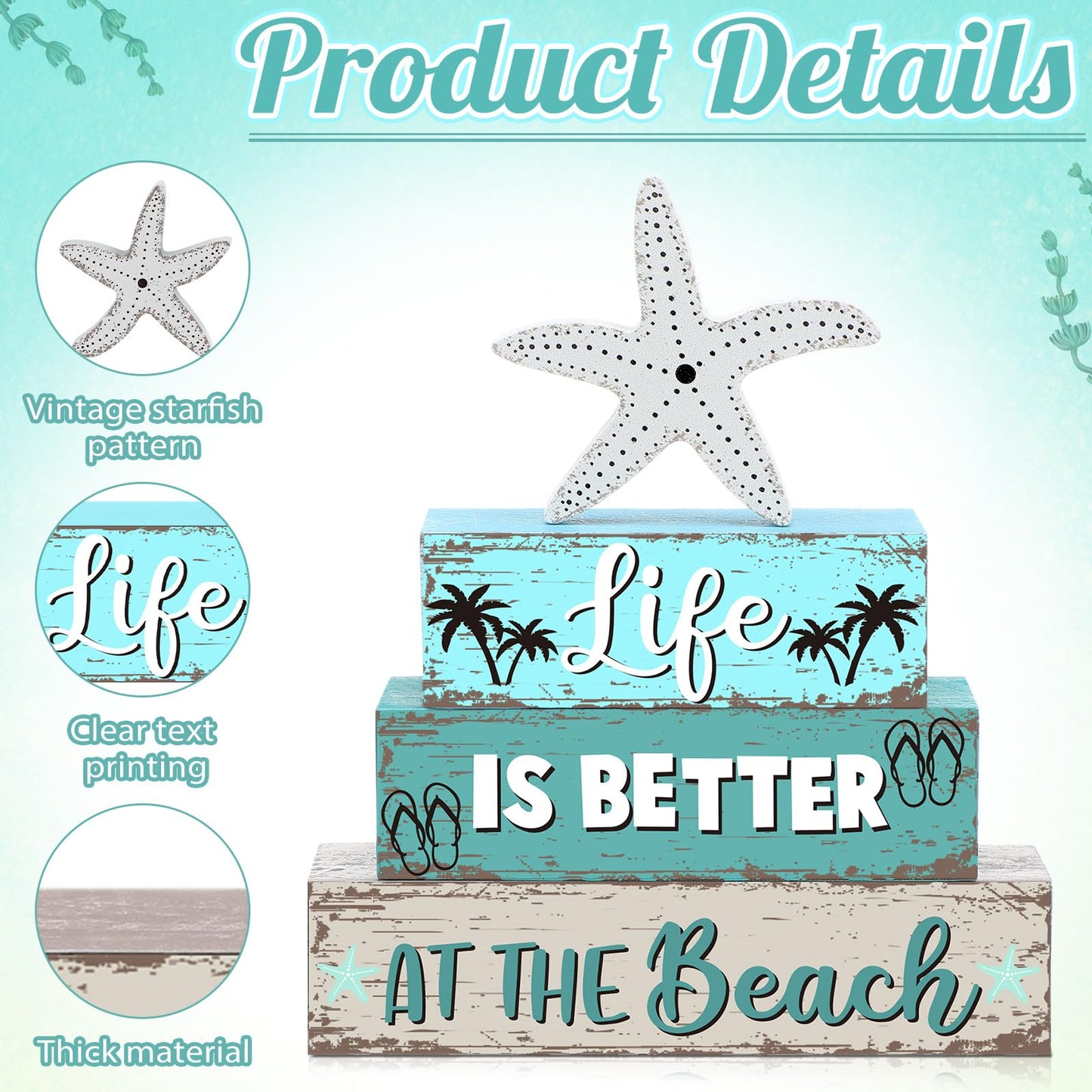 Geelin 4 Pcs Summer Table Decorations Ocean Life Better Wooden Block Signs Beach Theme Starfish Palm Slipper Tabletop Centerpieces Farmhouse Tiered Tray Decor for Home Table Kitchen Shelf