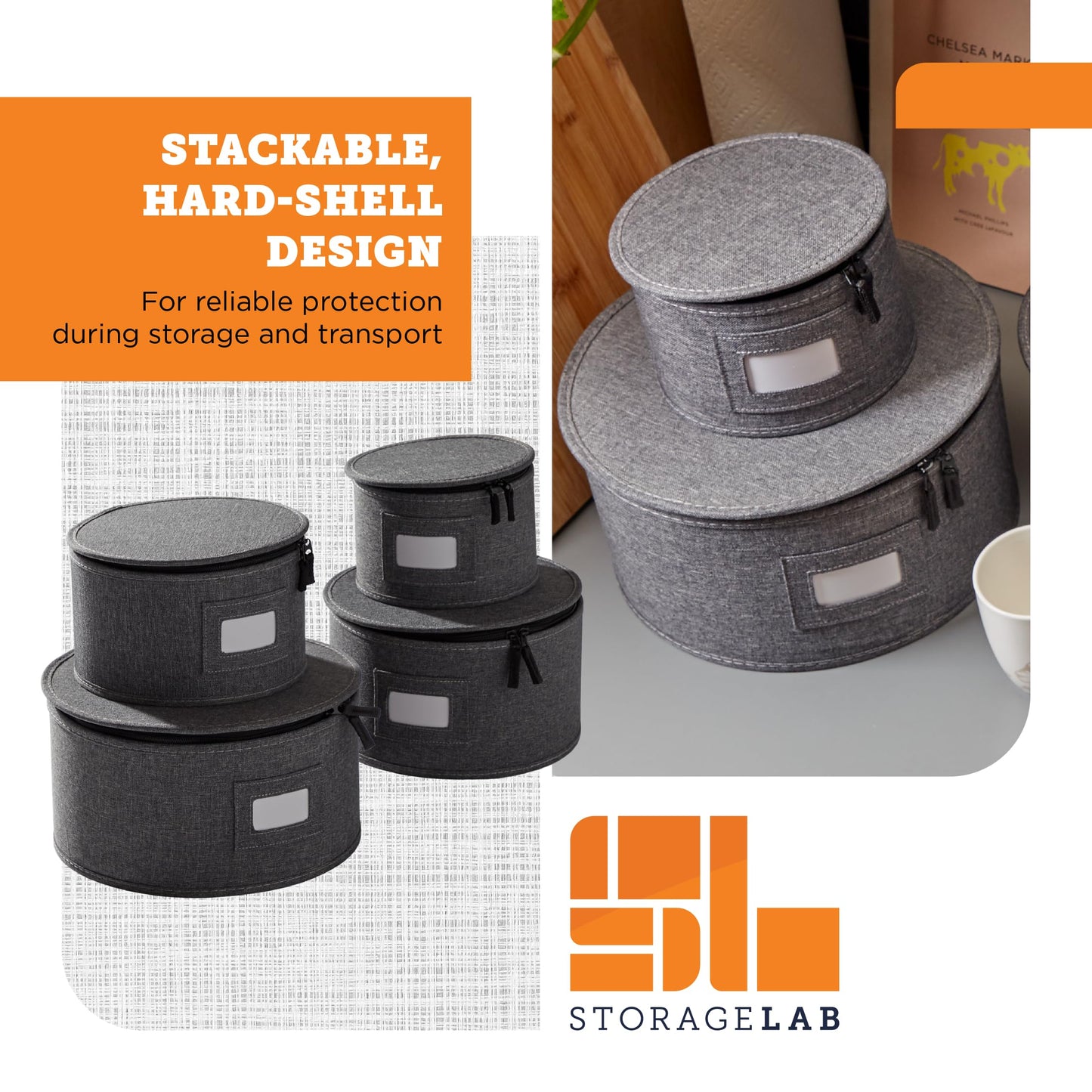 storageLAB China Storage Containers, Hard Shell Case with Felt Dividers for Charger Plates, and Dishes, Ideal for Kitchen Organization, Moving Supplies, and Fine China Storage - 4-Piece Set, Gray