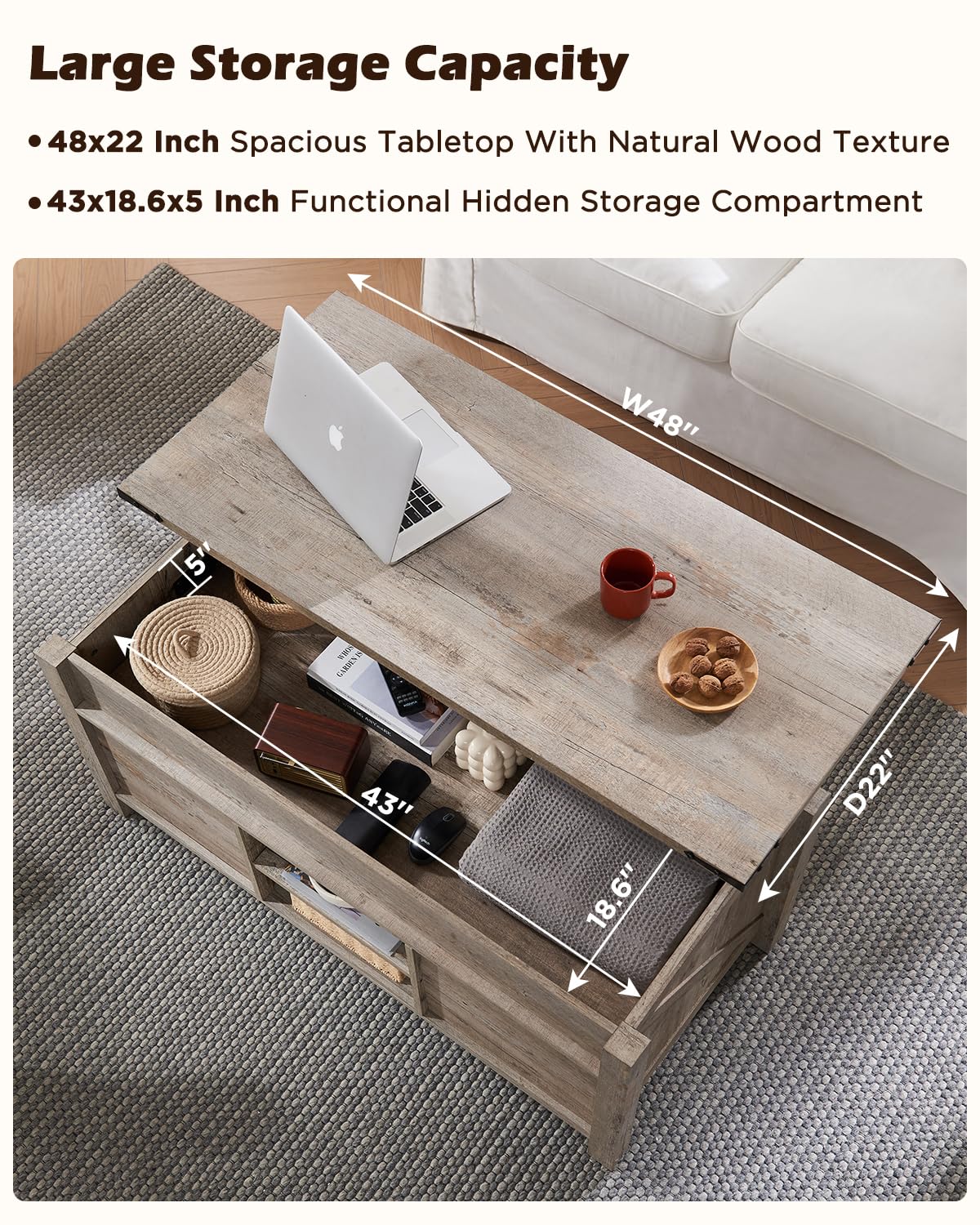 OKD 48" Farmhouse Lift Top Coffee Table with Sliding Barn Door, Rustic Center Table w/Hidden Storage Compartment, Lift Tabletop Dining Table w/Adjustable Shelf for Living Room,Light Rustic Oak