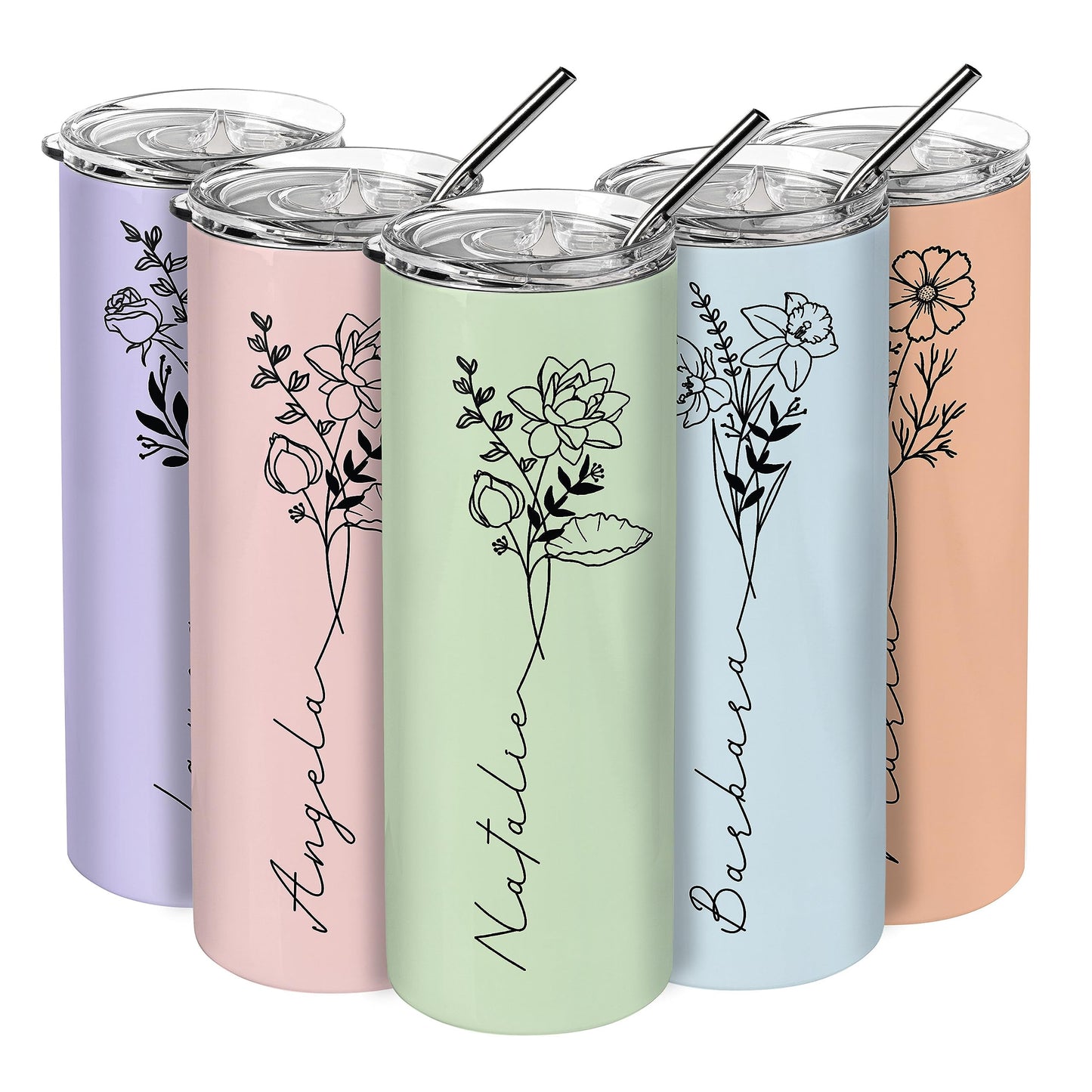 Birthday Gifts for Women, Personalized Tumblers with Birth Flower and Name, 10 Colors - 20 Oz, Skinny Tumblers for Women