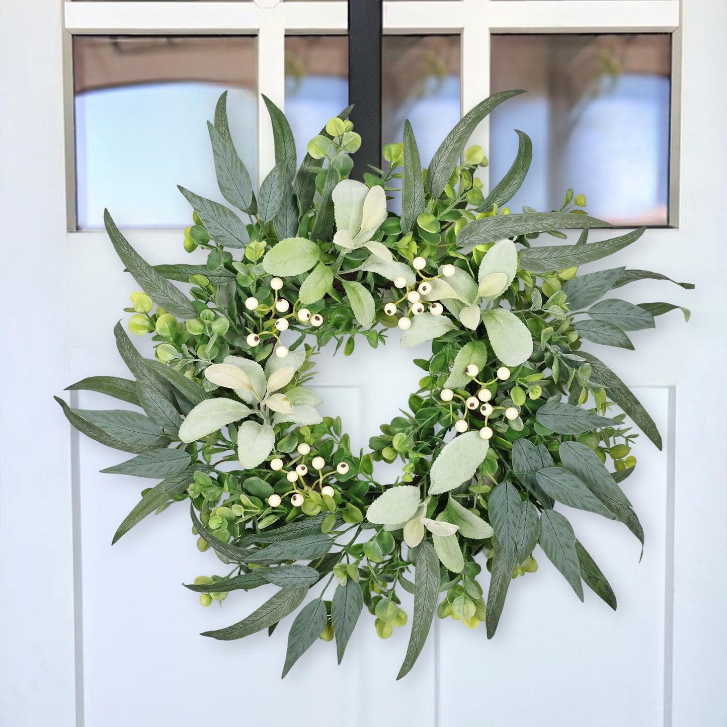 22" Eucalyptus Welcome Sign for Front Door Wreath Artgar Large Outdoor Wreaths for Windows Fireplace Home Wall Farmhouse Porch Decor,White Berries,Spring Summer All Seasons Green