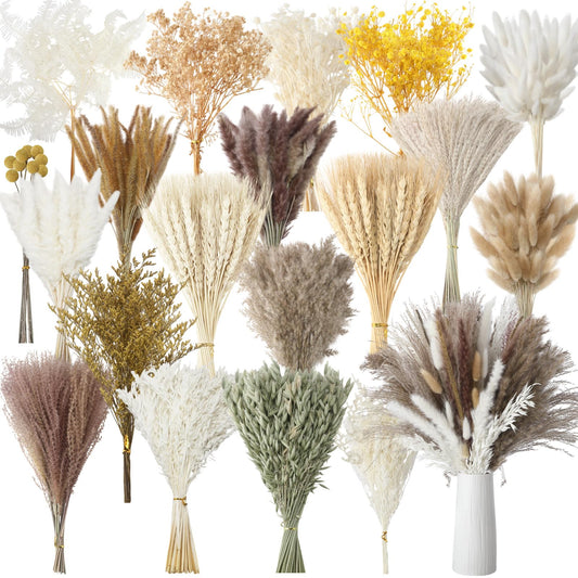 Nuanchu 703 Pcs Dried Pampas Grass Decor Boho Flower Bouquet Bulk with Bunny Tails, Reed Grass for Wedding Home Table Rustic Farmhouse Party Office(Retro Style)