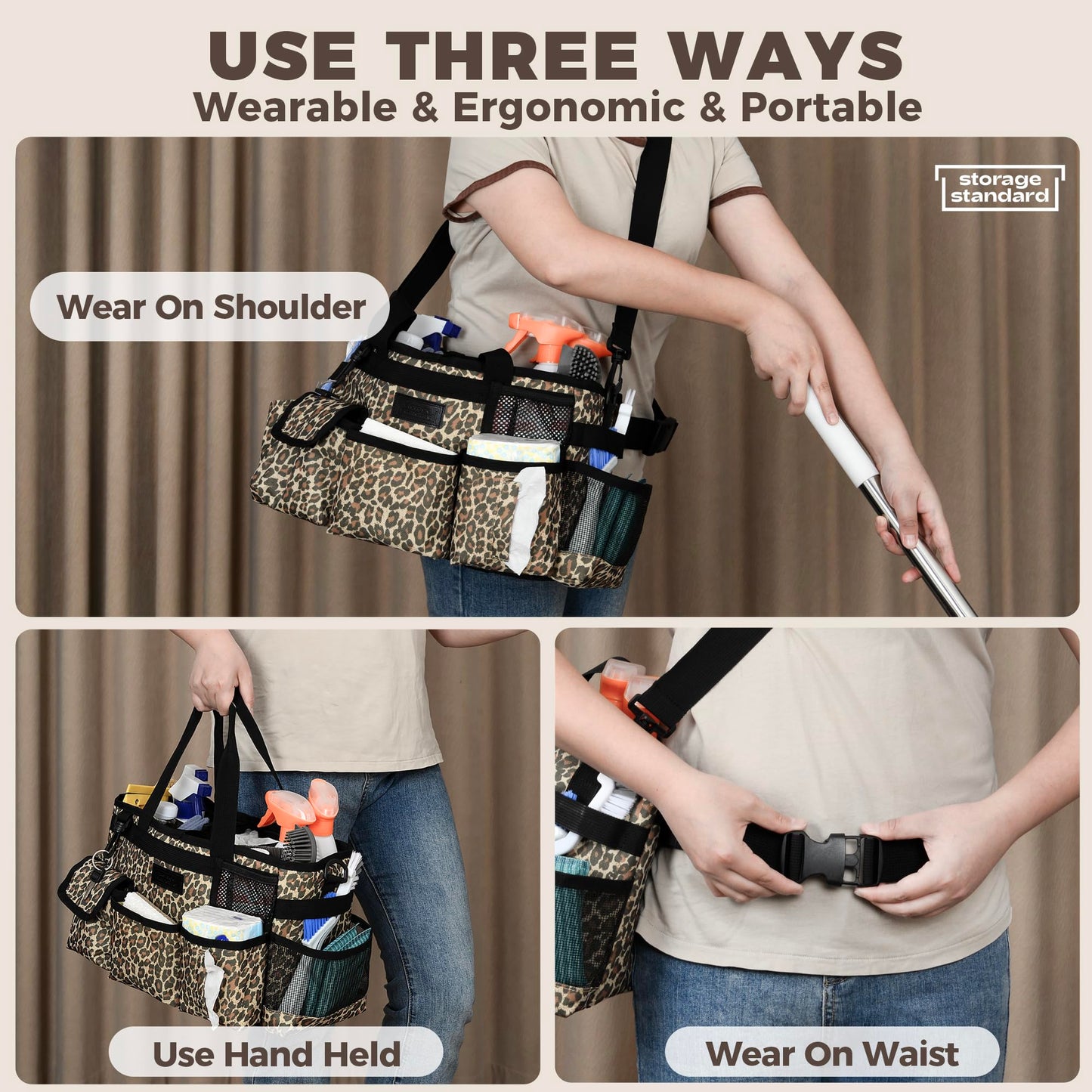 Storage Standard Cleaning Caddy Organizer with Handle - Small Cleaning Caddy Supplies Bag with Shoulder & Waist Strap - Cleaning Supplies Organizer with Cleaning Cloth - Leopard