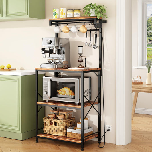Kitchen Bakers Rack with Power Outlet 10 Hooks, 4 Tiers Coffee Bar Station Cabinet, Microwave Stand with Storage (Rustic Brown, 21.7 x 14.2 x 49.6 Inch)