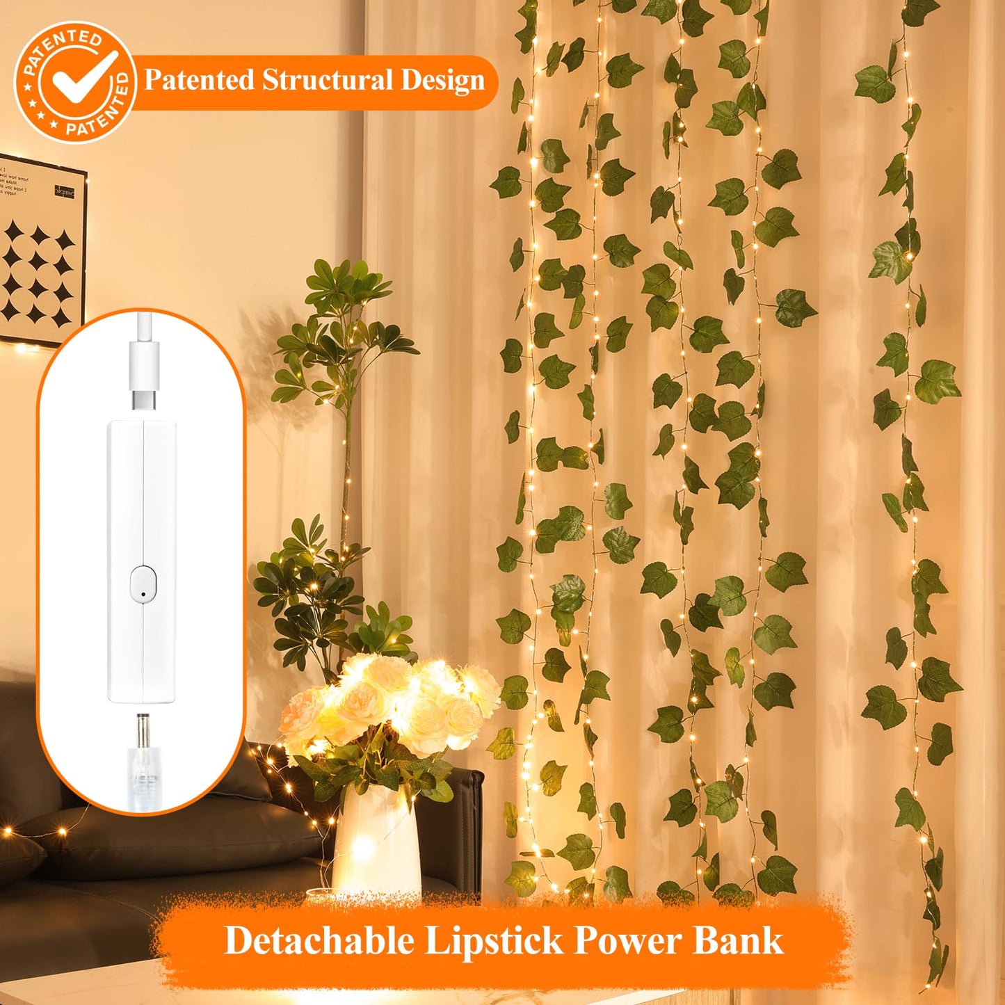 Lipstick Rechargeable Fairy Lights, 1 Pack Twinkle Lights Battery Operated, Mini Indoor LED String Lights with Timer for Vine, Bedroom, Christmas, Parties, Wedding, Decoration (5M/16FT Warm White)