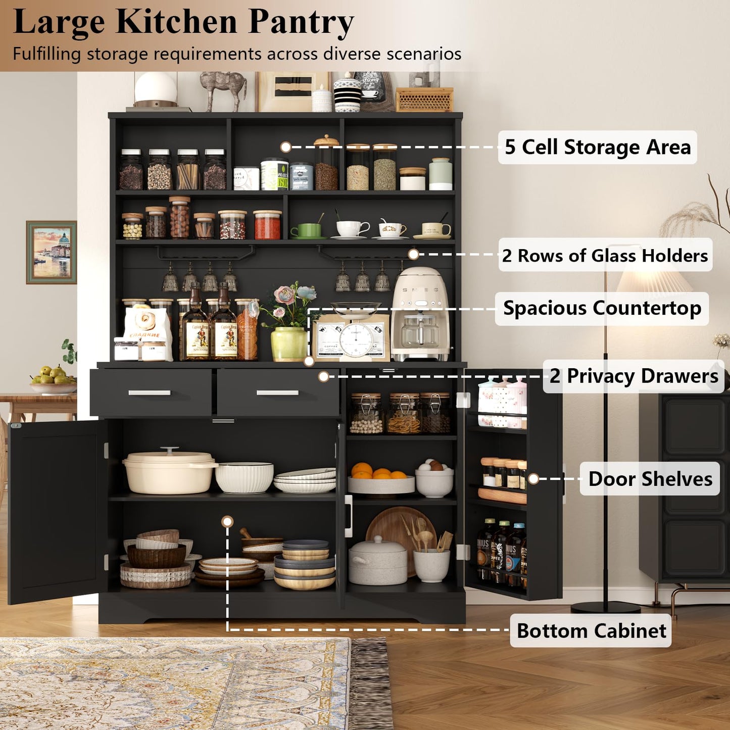 Kitchen Pantry Storage Cabinet with 2 Drawers, Tall Kitchen Hutch Cabinet with Microwave Shelf, Modern Buffet Cabinets with Goblet Holders, Food Pantry with Adjustable Shelves for Dining Room, Black