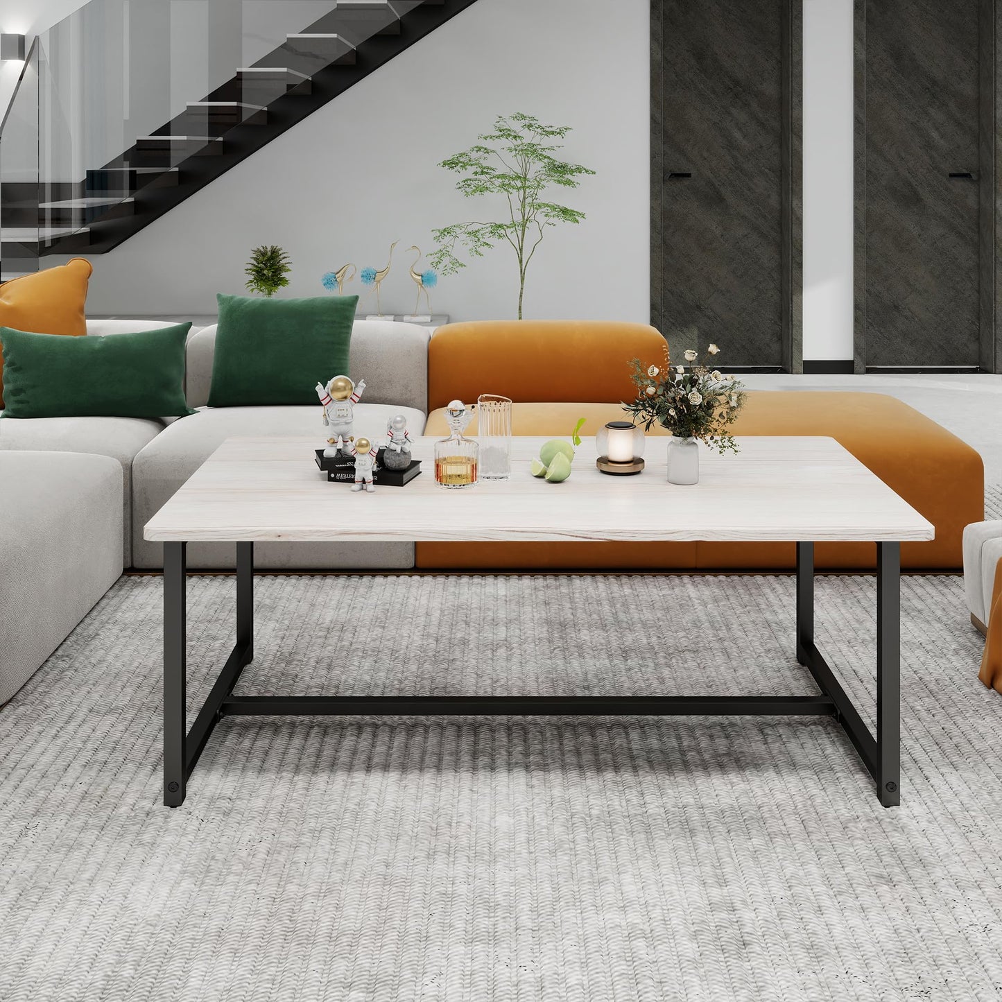 VERFARM 35.4" Rectangular Coffee Table for Living Room, Modern Industrial Style Coffee Table Center Table with Metal Frame for Small Space, Apartment, Office, Easy Assembly, Teak Oak