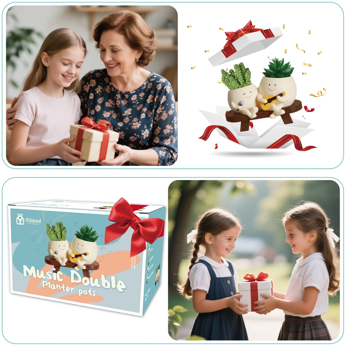 yiilead Smiley Face Planter Pot,Unique Double Head Guitar Singing Planter,with Drainage Hole Resin Cute Plant Pot,for Indoor Outdoor Plants