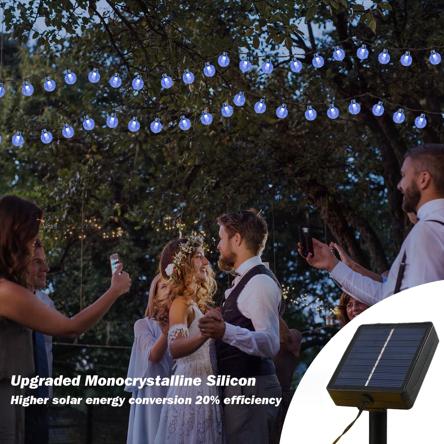 USOKYO Solar Lights Outdoor Waterproof, 2 Pack Total 120LED 72FT Solar String Lights for Outside with 8 Modes, Outdoor String Lights Crystal Globe Patio Lights for Garden Yard Party Decor (Bule)