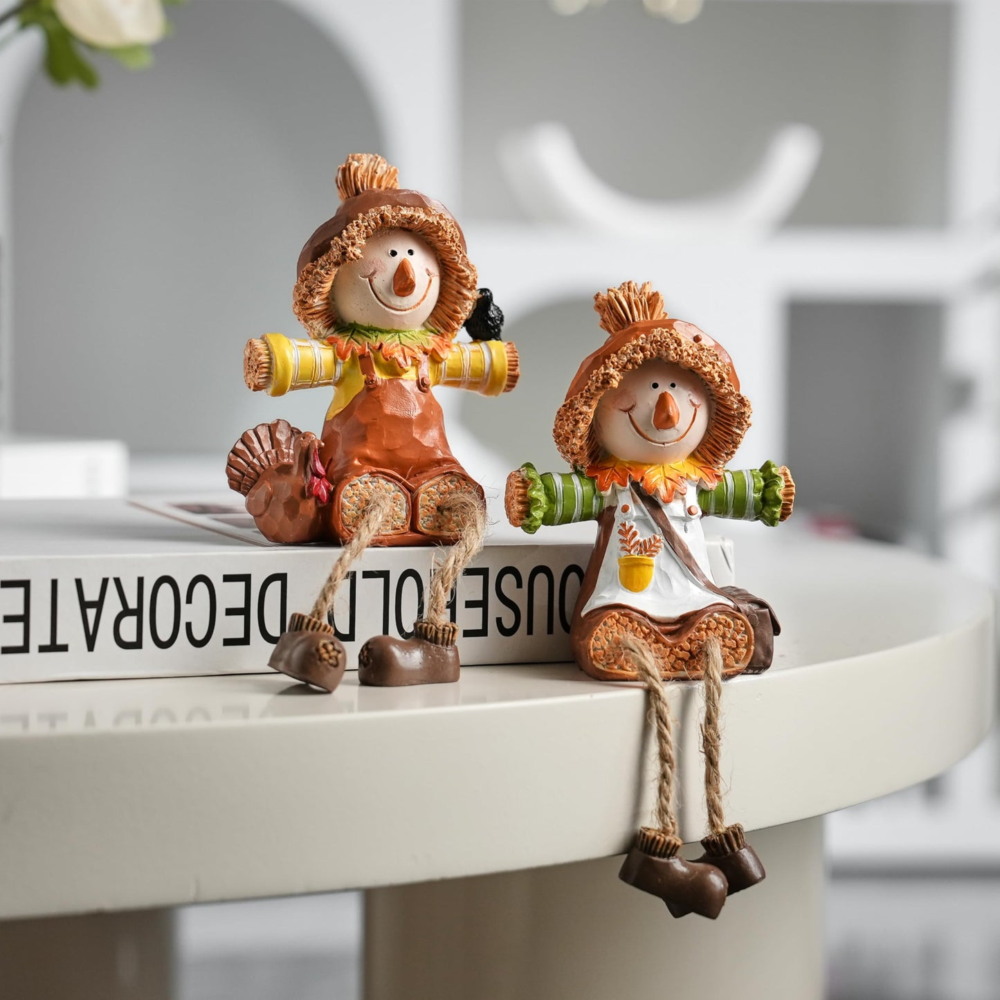 FESTGLOX Scarecrow Fall Decor, 2Pcs Harvest Scarecrow Figurines Indoor Fall Shelf Sitters with Dangling Legs, Resin Small Scarecrow for Autumn Thanksgiving Tabletop, Fireplace, Farmhouse Decor