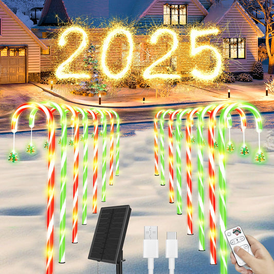 Amzxart Solar Pathway Lights Outdoor Christmas Decoration,10 Piece Set 8 Modes Solar Candy Cane Lights, Remote Christmas SolarPowered Light for Outdoor Garden, Balcony, Lawn Decoration