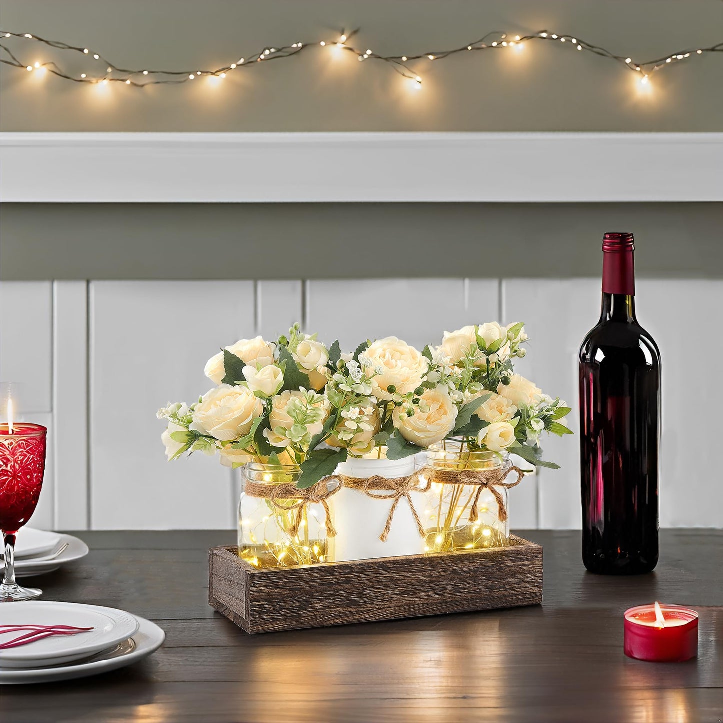 Mkono Mason Jar Lights Centerpiece Table Decor for Dining Room Farmhouse Wood Tray with 3 Jars Flowers Summer Decoration for Coffee Table Kitchen Living Room Wedding