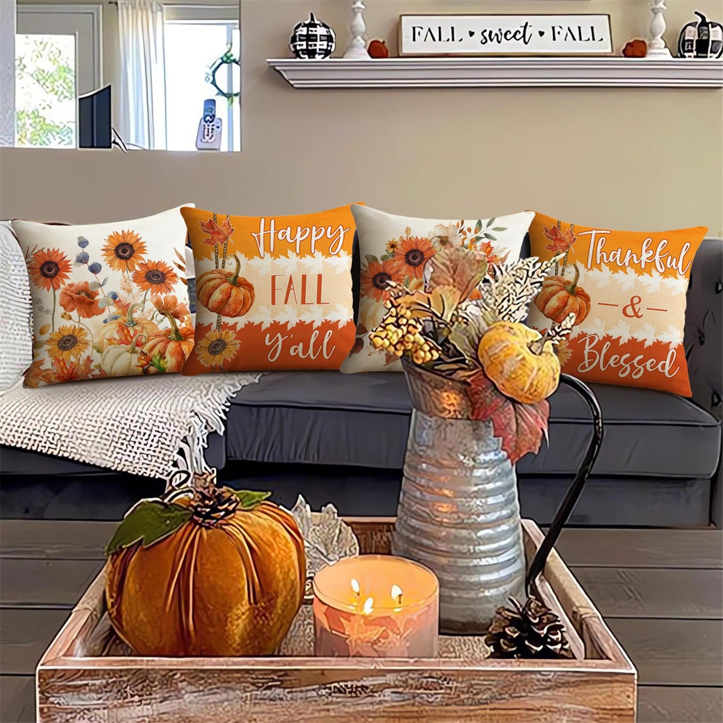 NIGHTWISH Fall Pillow Covers 18x18 Set of 4 Thanksgiving Farmhouse Decorations Floral Pumpkin Outdoor Fall Decor Throw Pillow Covers Thankful Blessed Harvest Autumn Cushion Case for Couch Sofa