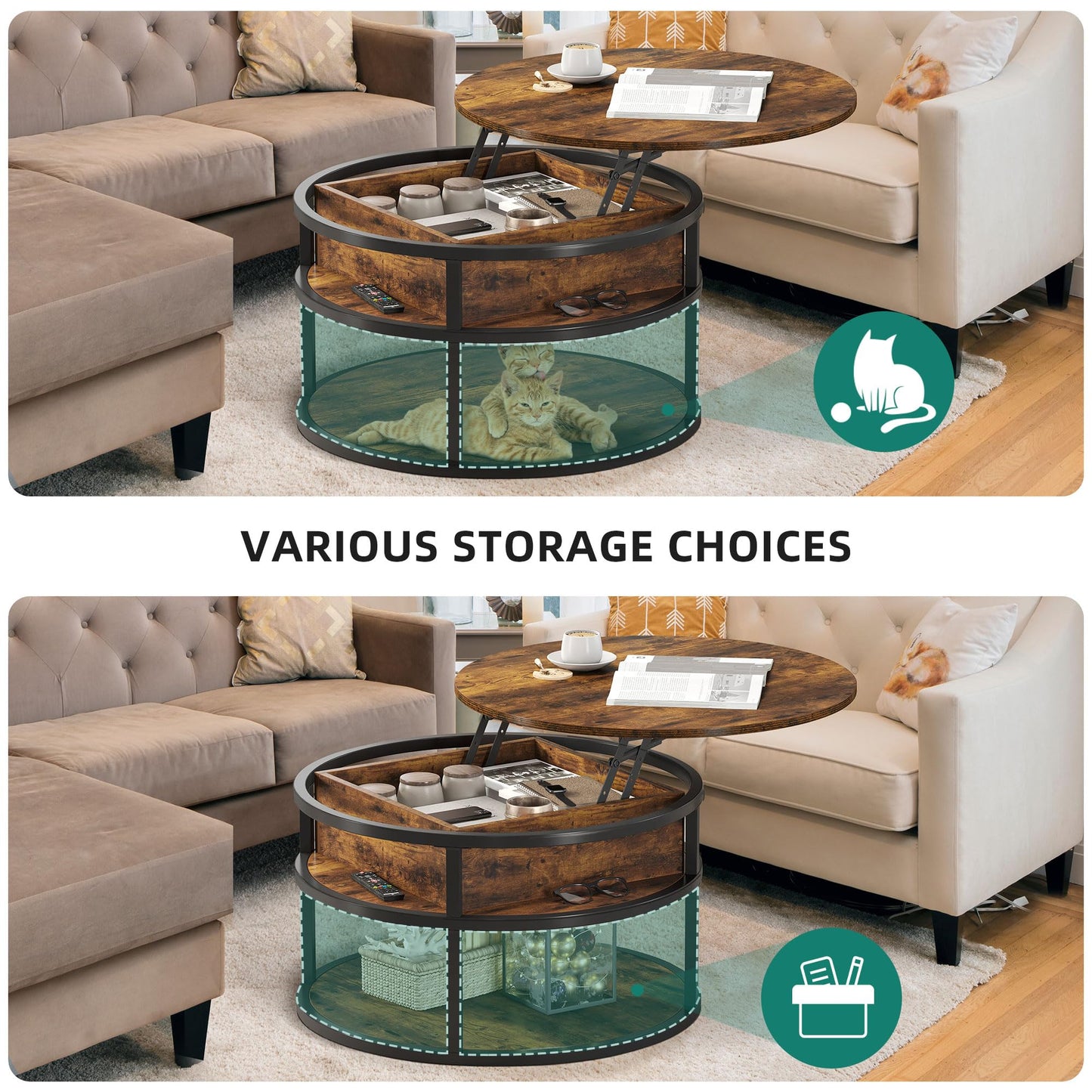 YITAHOME Round Lift Top Coffee Table with Storage, Brown Farmhouse Coffee Tables for Living Room Modern Coffee Table with Hidden Storage Compartment, Round Center Tables Living Room Home Office, Brown