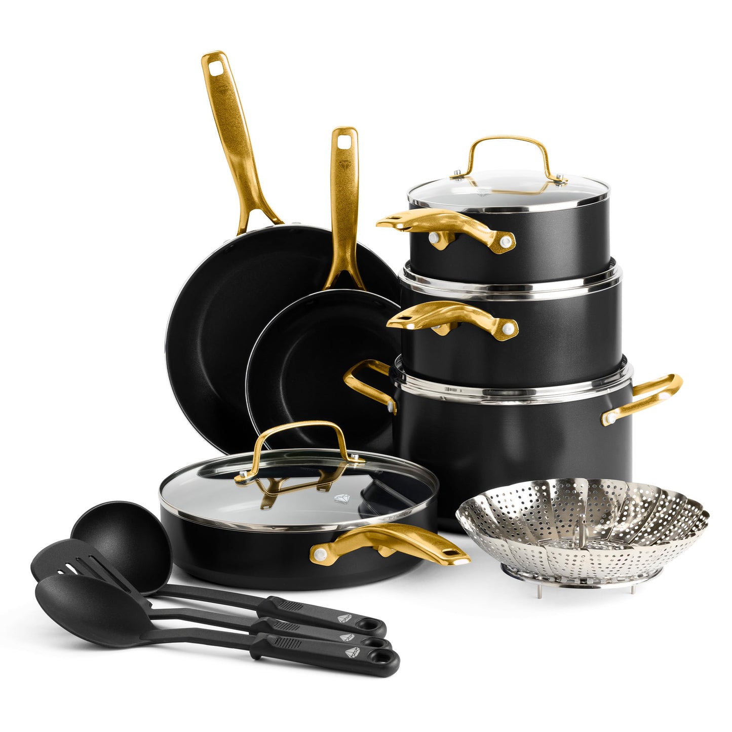 Blue Diamond 14 Piece Induction Nonstick Cookware Set, Diamond Infused PFAS-Free Ceramic Nonstick Pots & Pans, Durable Metal Utensil Safe, Dishwasher Safe, Oven & Broiler to 600F, Black/Gold