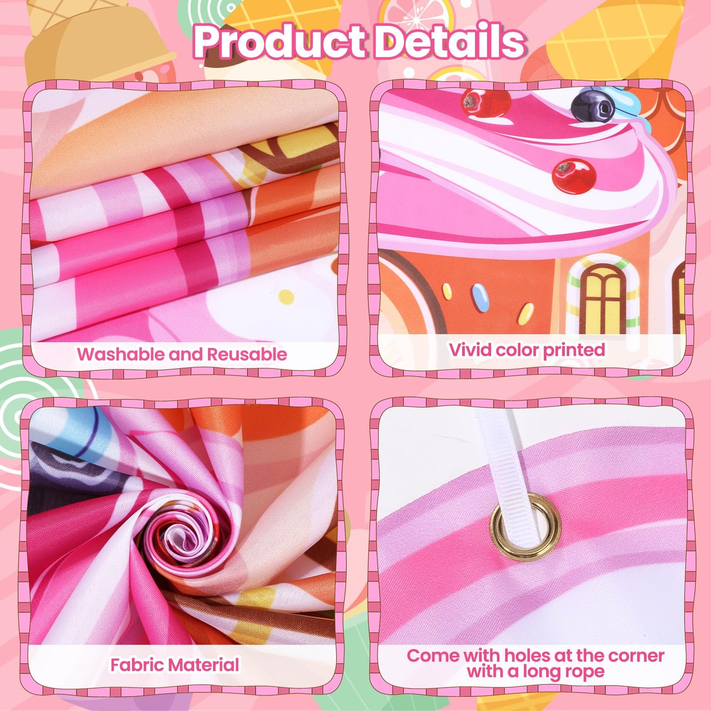 3 Pcs Candyland Party Decorations Door Banner Sweet Candy Porch Hanging Banner Pink Lollipop Signs Awning Backdrop for Christmas Baby Shower Birthday Party Supplies Photo Prop Indoor Outdoor