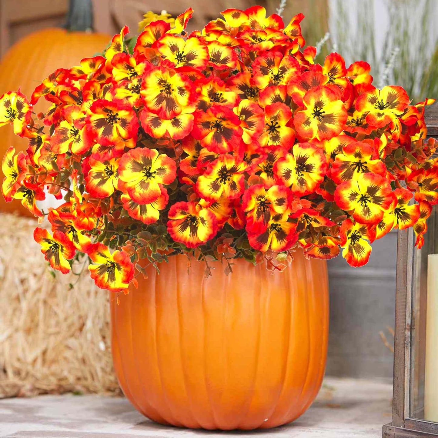 Grunyia 12 Bundles Artificial Flowers Outdoor Fake Fall Flowers for Outside Decoration UV Resistant Plastic Faux Plants for Garden Window Porch Balcony Fall Wedding Thanksgiving Decor