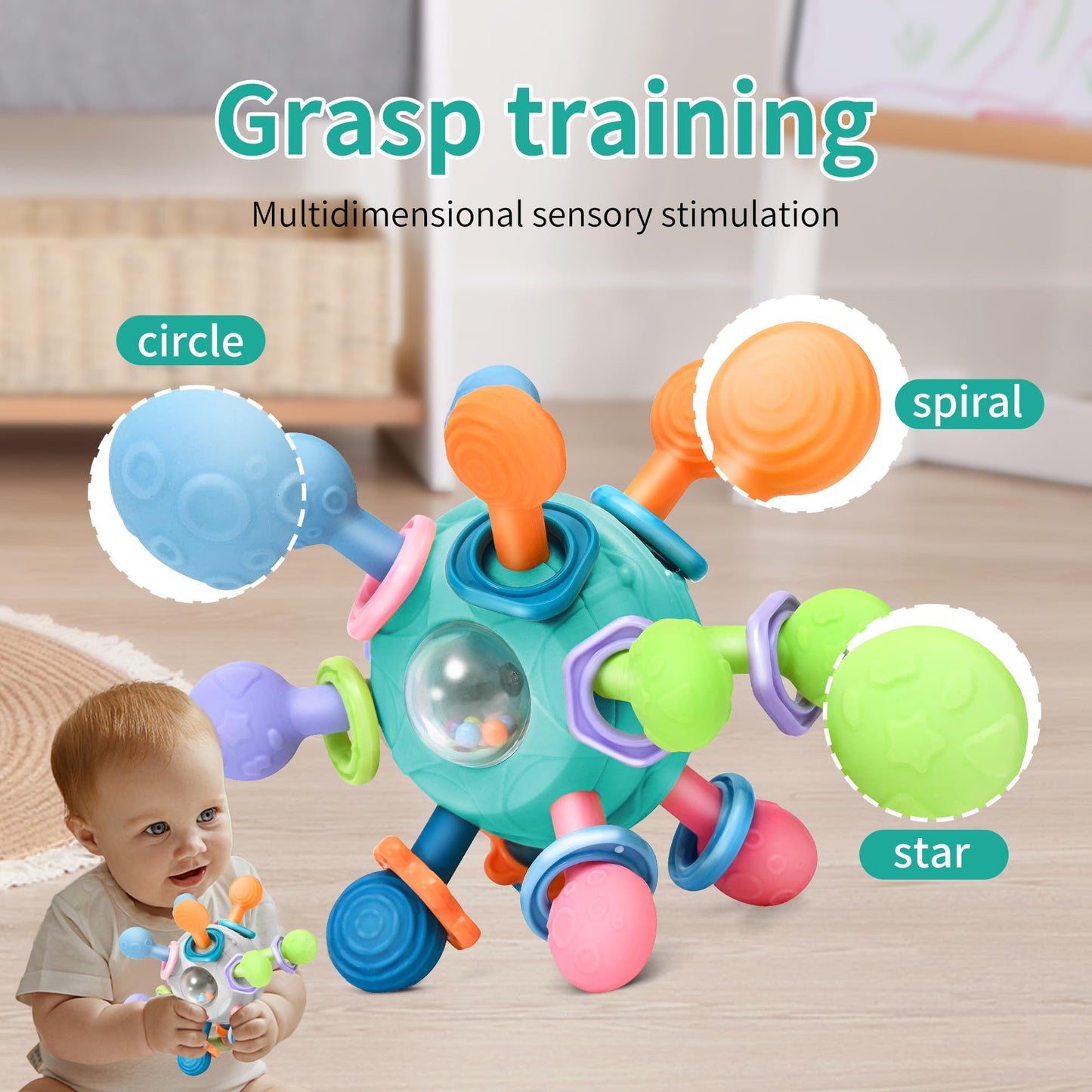 Baby Montessori Teething Toys for 0-6 6-12 Months BPA Free Sensory Toys for Babies 0 3 6 9 12 18 Months Newborn Infant Learning Developmental Chew Rattle Toys Shower Gifts for 1 2 Year Old Girls Boys