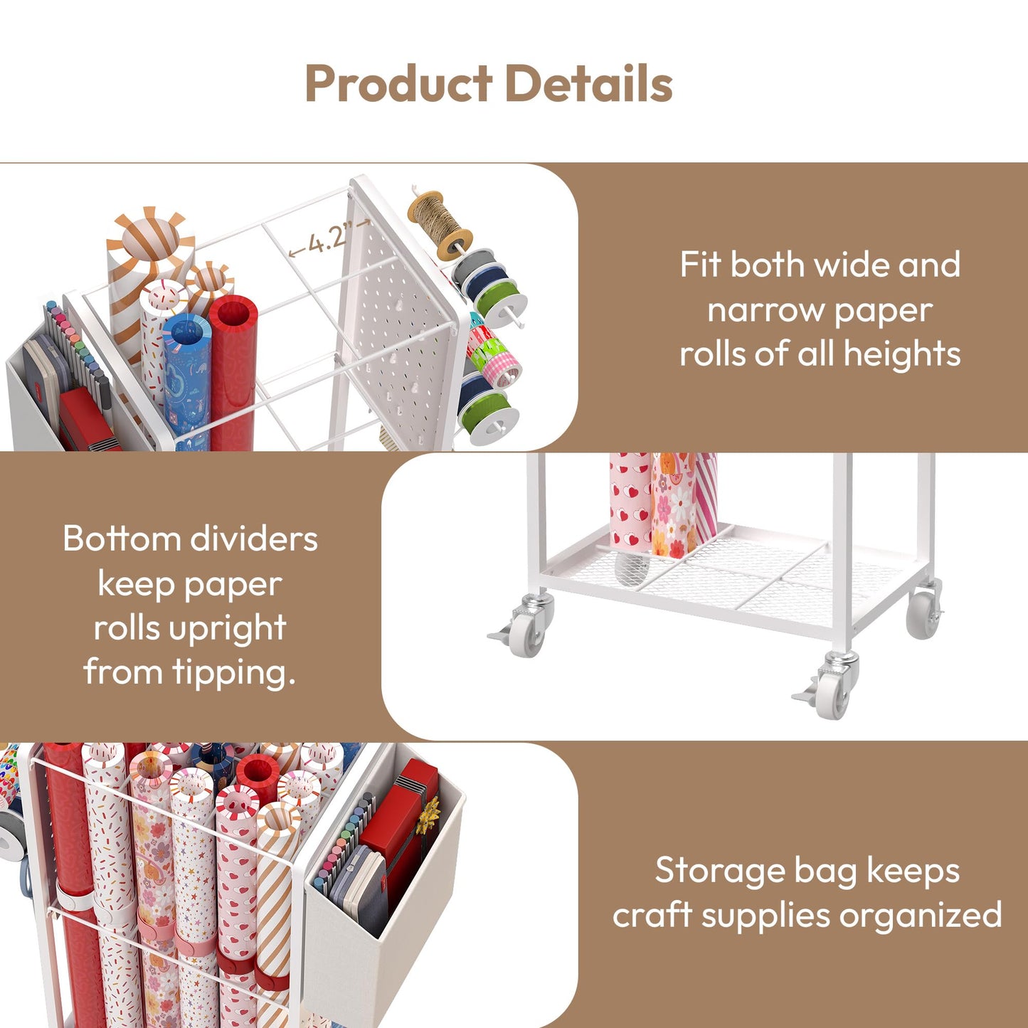 Sunnacate Wrapping Paper Organizer Cart with 12PCS Slap Bands, Rolling Gift Wrapping Organizer Storage Wrapping Paper Station Ribbon Holder, Blueprint Poster Holder, Craft Organizers and Storage