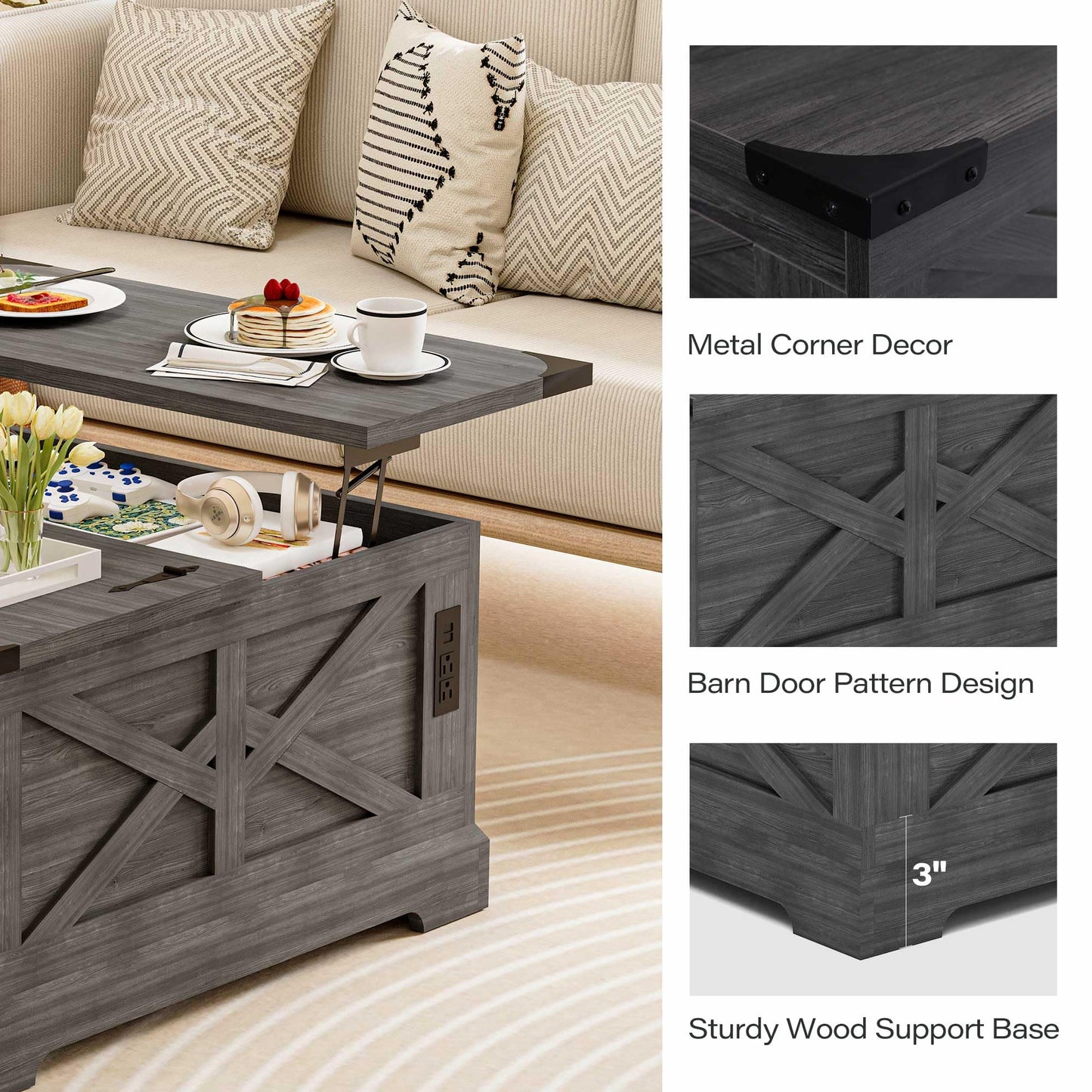 LAUSAINT HOME Farmhouse Lift Top Coffee Table with Large Hidden Storage Compartment, Wood Square Center Table with Lifting Top for Living Room, Home Office,Gray