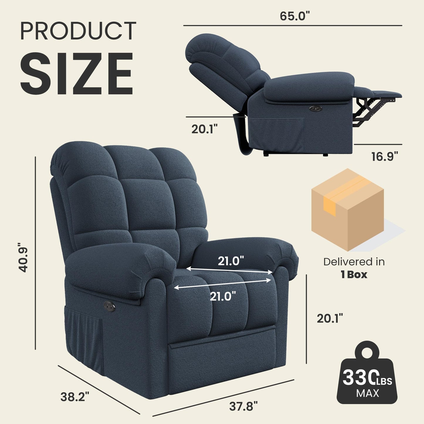 Welzona Updated Power Recliner Chair, Adjustable Electric Recliner Chair for Adults, Ultra-Comfy Teddy Fleece Recliner Chair for Small Space, Tool-Free Assembly, 2 Side Pockets and USB Port, Blue Gray